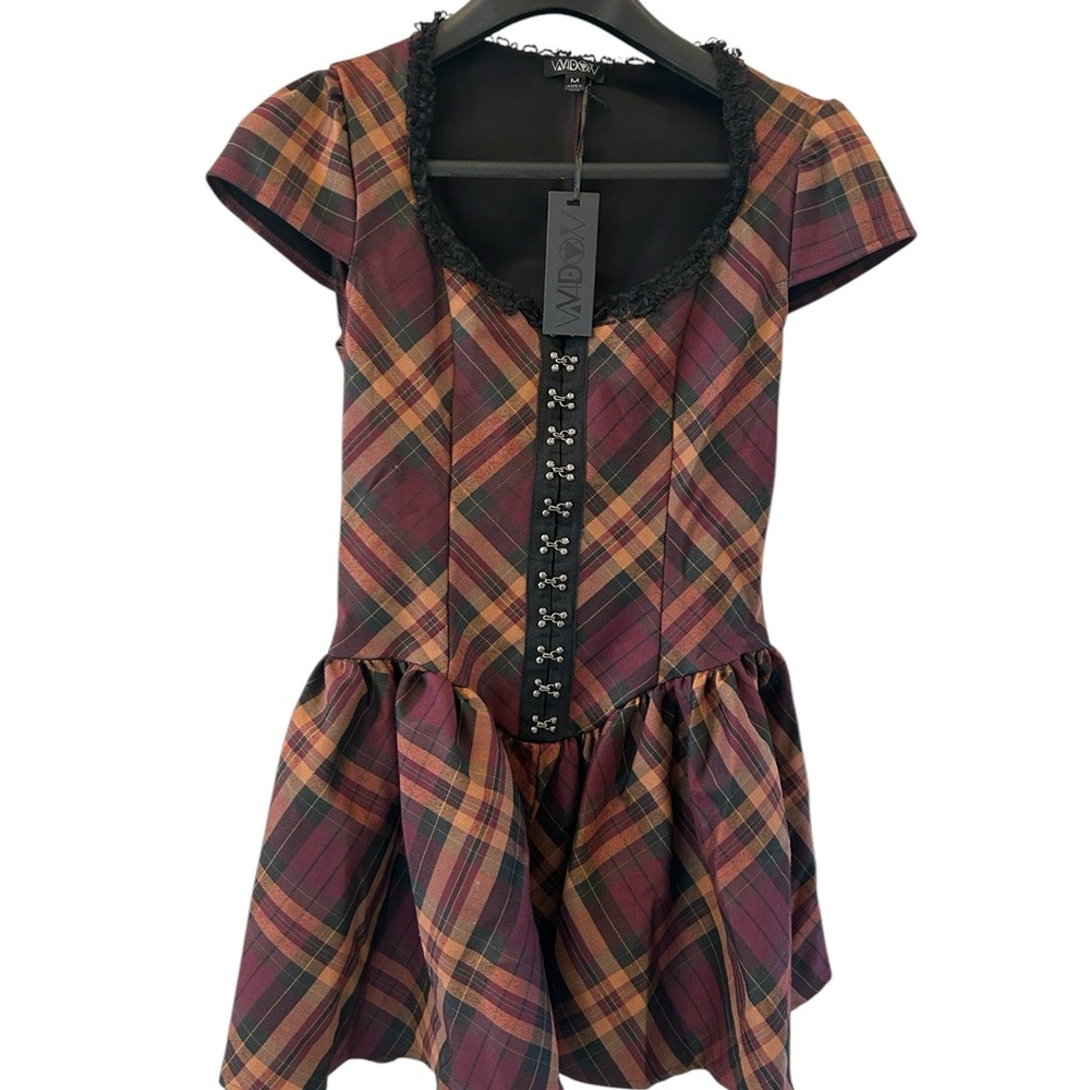 Dolls Kill Widow Maddox Plaid Dress with Lace Details New